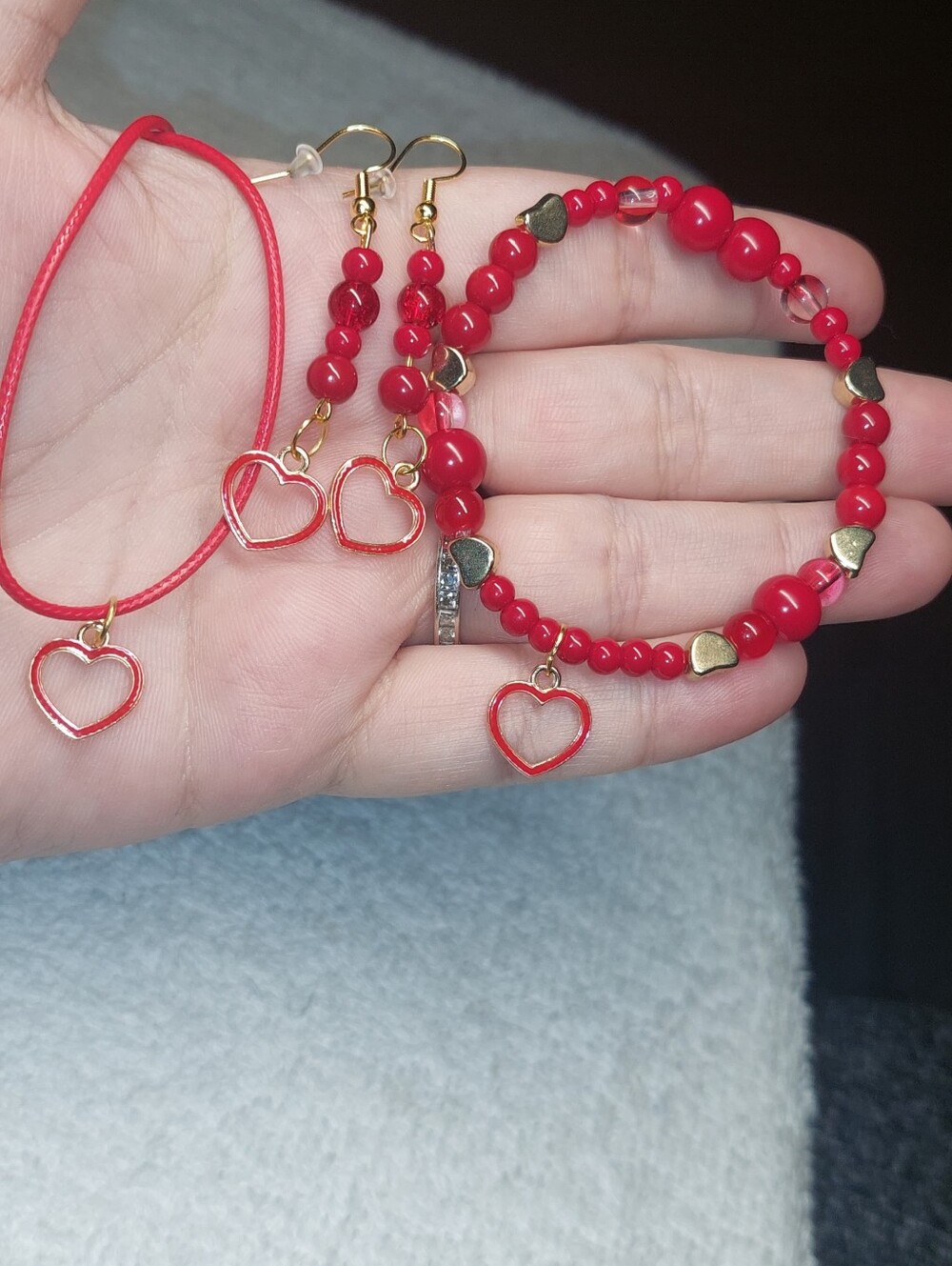 Red Heart Bead Bracelet, Necklace & Earring Set With Leather Cord